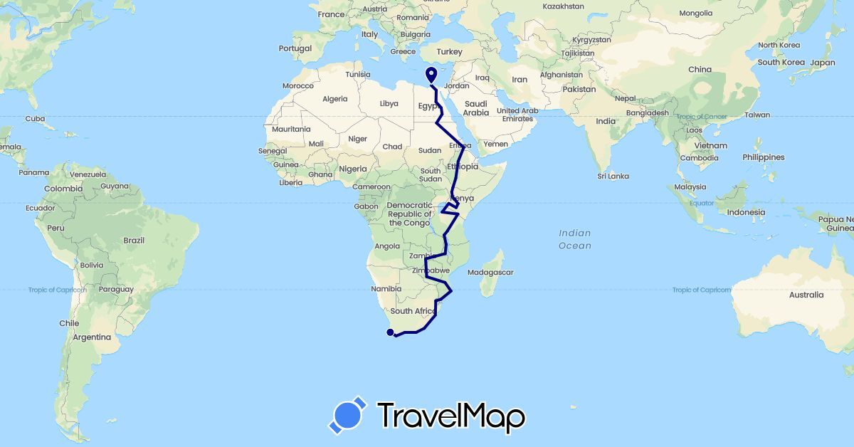 TravelMap itinerary: driving in Egypt, Eritrea, Ethiopia, Kenya, Malawi, Mozambique, Sudan, Swaziland, Tanzania, South Africa, Zambia, Zimbabwe (Africa)